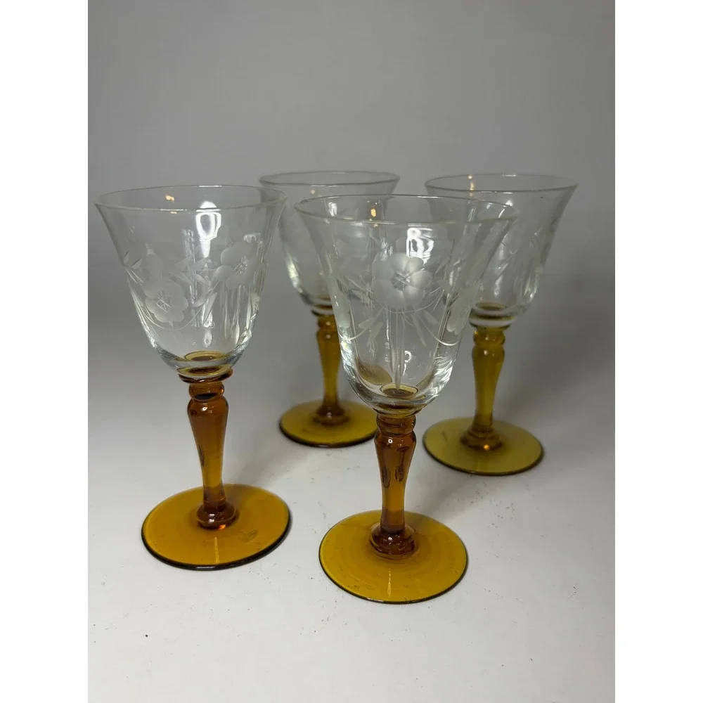 Set of 4 Vintage Etched Victorian Cordial Aperitif Glasses Ember Stems Barware